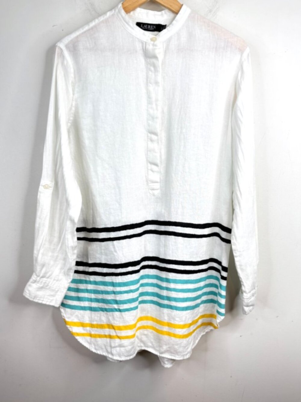 Lauren Ralph Lauren White 100% Linen Striped Tunic L Popover Beach Cover Coastal